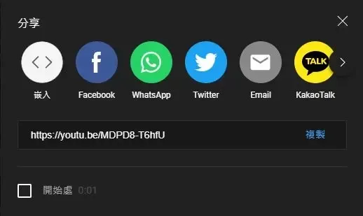 YouTube 分享視窗中的嵌入選項