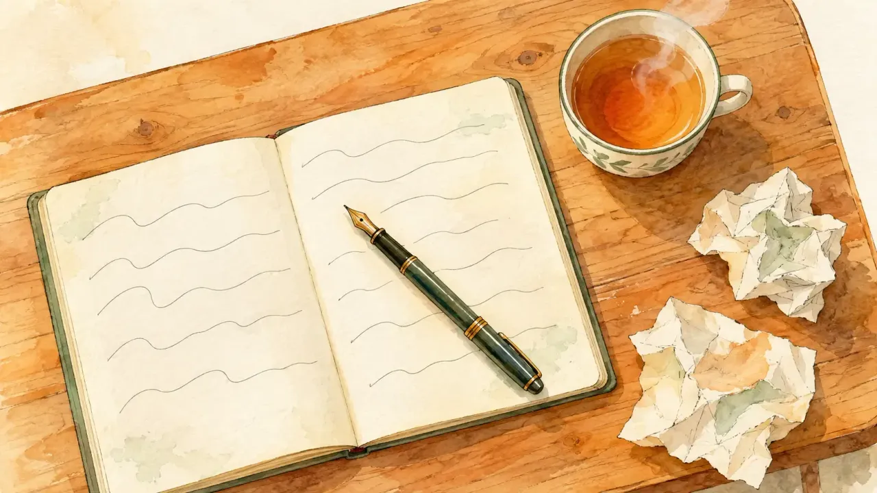 書桌上攤開的筆記本、鋼筆與熱茶的水彩插畫